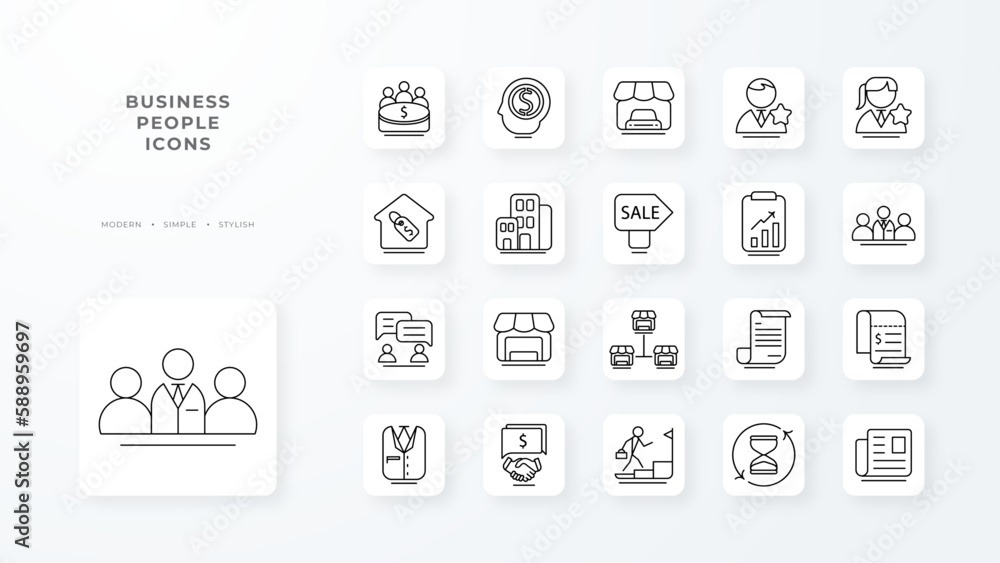 Business people icon collection with black outline style. community, cooperation, brainstorm, connection, employee, motivation, trust. Vector Illustration Business people icon collection with black outline style. community, cooperation, brainstorm, connection, employee, motivation, trust. Vector Illustration