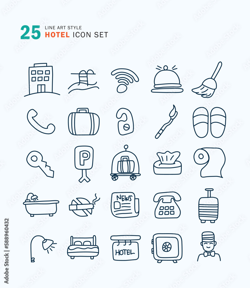 Fototapeta premium Set of Hotel icons handwrite line art style