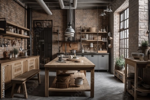 Interior design for a rustic industrial kitchen with a white brick wall. Generative AI
