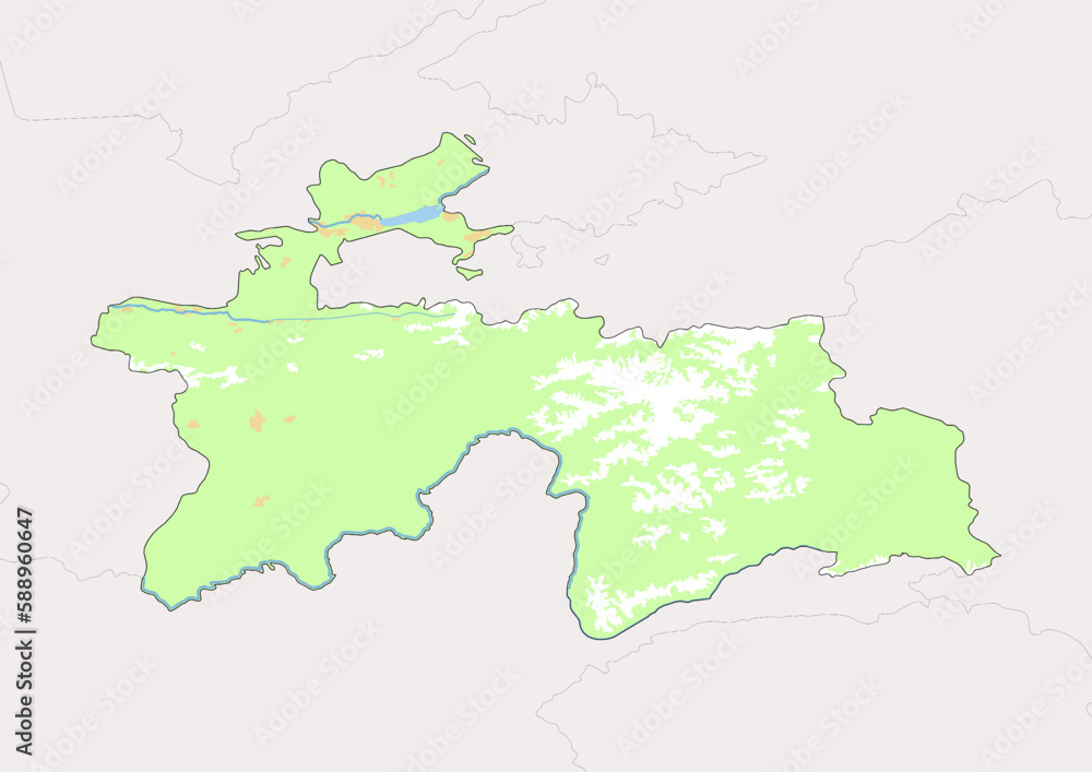 High detailed vector Tajikistan physical map, topographic map of Tajikistan on white with rivers, lakes and neighbouring countries. Vector map suitable for large prints and editing.
