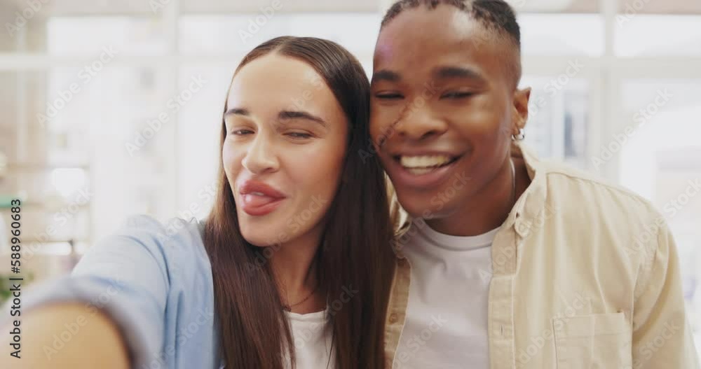 Tongue out, face selfie and couple kiss in home taking profile picture for happy memory. Portrait, interracial and black man and woman take photo, kissing cheek and peace sign emoji for social media. Tongue out, face selfie and couple kiss in home taking profile picture for happy memory. Portrait, interracial and black man and woman take photo, kissing cheek and peace sign emoji for social media.