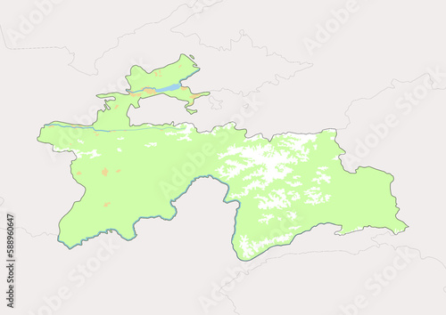 High detailed vector Tajikistan physical map  topographic map of Tajikistan on white with rivers  lakes and neighbouring countries. Vector map suitable for large prints and editing.