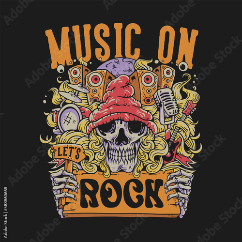 T Shirt Design Music On Let's Rock With Skull Head And Music Doodles Vintage Illustration