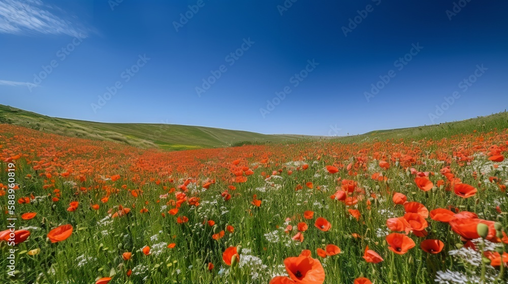 Vibrant Poppy blooms against a blue sky