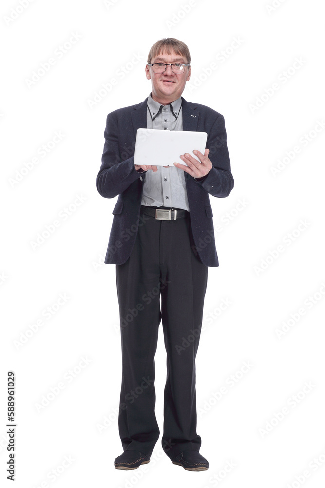 happy business man with a digital tablet . isolated on a white background. happy business man with a digital tablet . isolated on a white background.