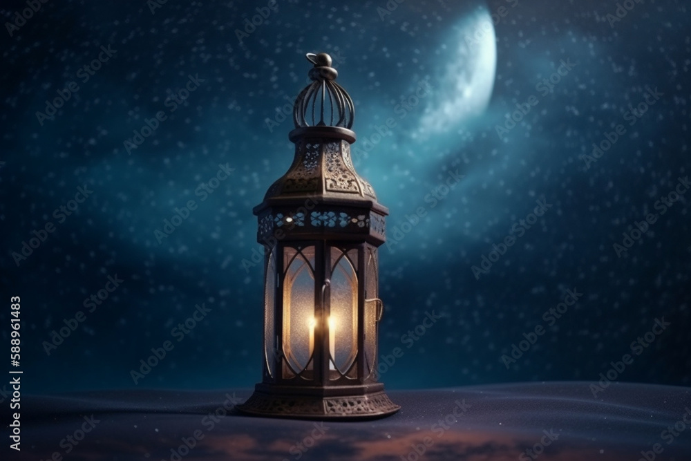 Lantern at night with full moon background. Ramadan Kareem concept Generative ai Lantern at night with full moon background. Ramadan Kareem concept Generative ai