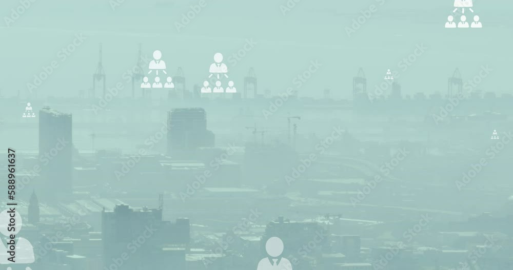 Animation of network of profile icons floating against aerial view of cityscape Animation of network of profile icons floating against aerial view of cityscape