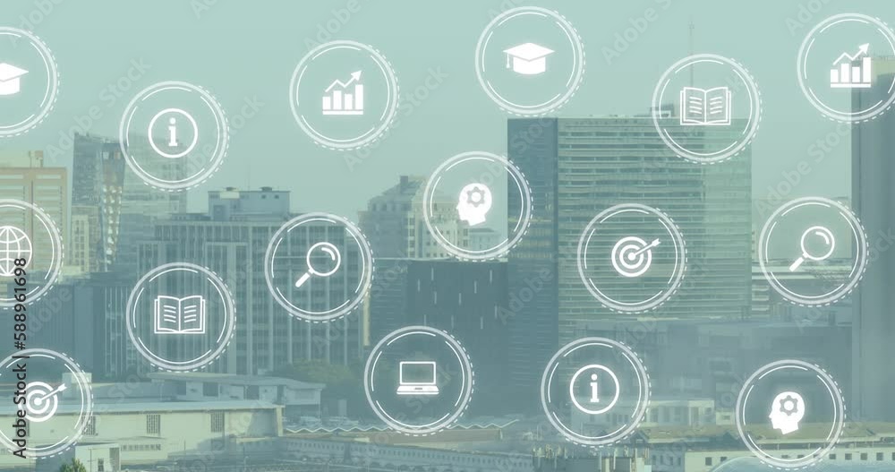 Animation of multiple digital icons floating against aerial view of cityscape Animation of multiple digital icons floating against aerial view of cityscape