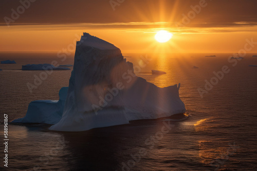 Photorealistic ai artwork of an aerial view of an iceberg at sea during sunset. Generative ai.