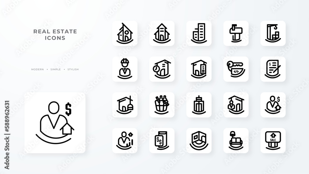 Real Estate icon collection with black outline style. icon collection ...