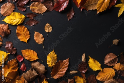 Illustration of leaves on a black background. Generative AI