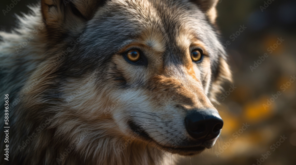 Portrait of a wolf with a gaze, close-up.  Generative AI