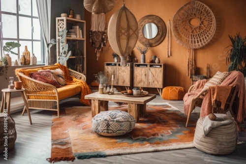 Fashionable boho furniture and décor. Interior design. Generative AI