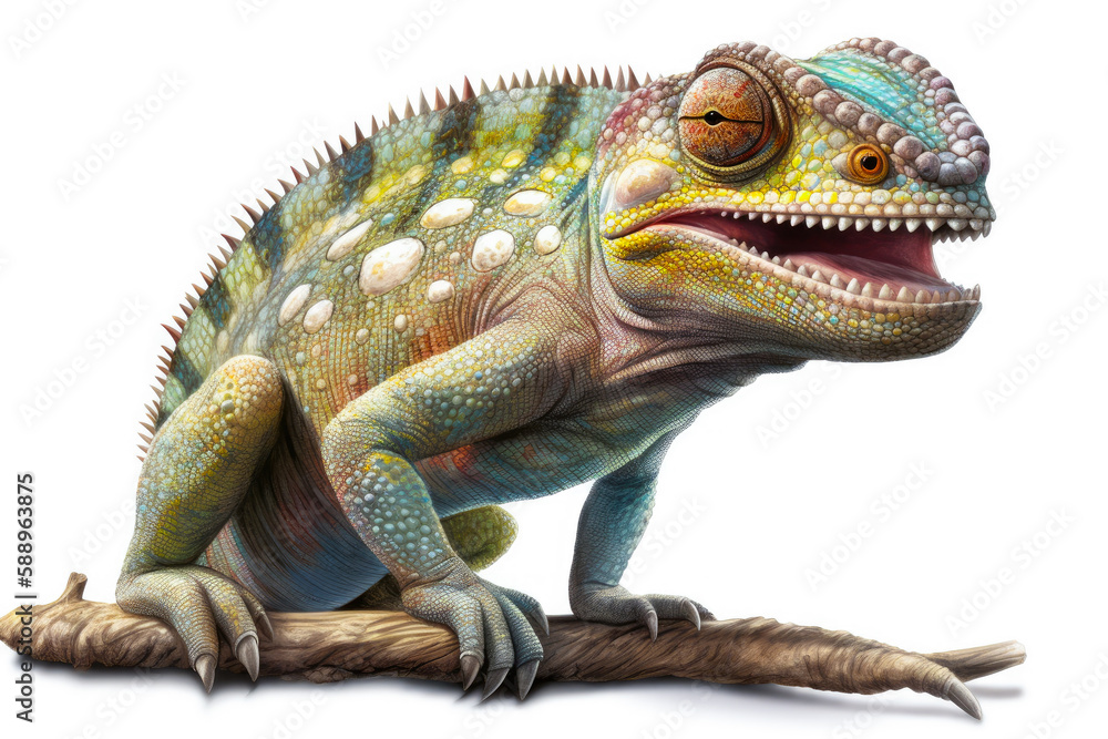 Fototapeta premium Green reptilian close-up on a white isolated background. Lizard of the iguana family. Generative AI