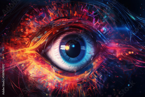 Generative ai artwork of an eyeball connected to streams of data that are colorful and glowing. Generative ai. © JG Marshall