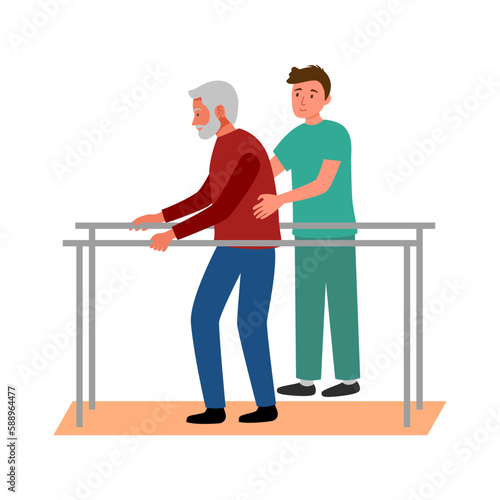 Man patient walking in physiotherapy center. Rehabilitation therapy concept vector illustration.
