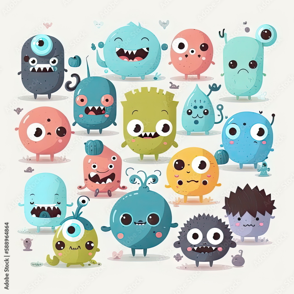 Fototapeta premium cute cartoon monsters, white background, vector illustration, Made by AI, Artificial intelligence