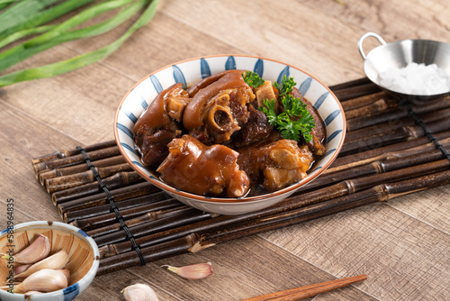 Photography Taiwanese traditional food pork knuckle in a bowl