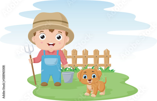 Cute little boy cartoon with dog in the farm