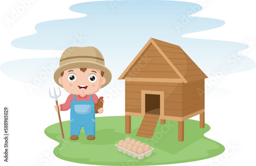 Cute little boy cartoon in the chicken coop