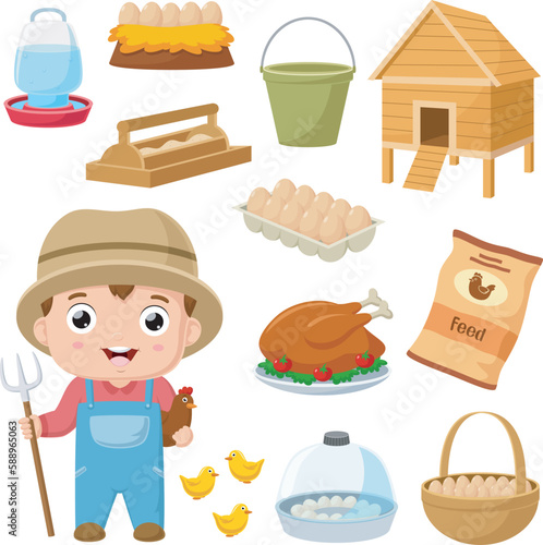Set of poultry farm cartoon elements