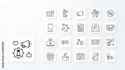 Marketing icon collection with black outline style. marketing, development, like, media, online, pay. Vector Illustration