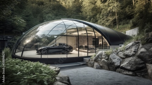 Experience the Future of Living: A Stylish Eco-Home in a Biodome, Complete with an Electric Sports Car for Effortless Speed and Travel, Generative AI
