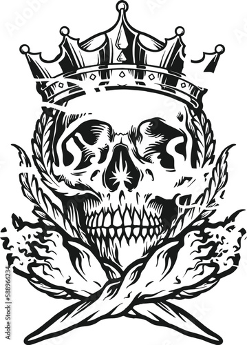 Skull head king crown joint smoking weed illustrations monochrome photo