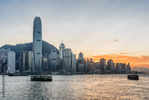 View of Hong Kong Island skyline at sunset