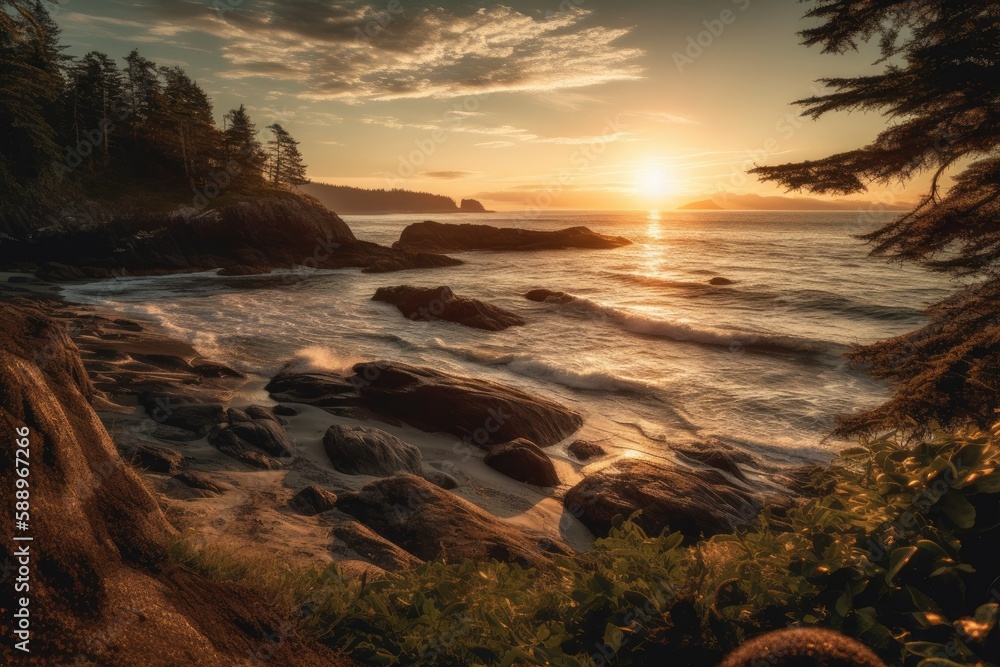 stunning sunset over the rocky seashore. Generative AI