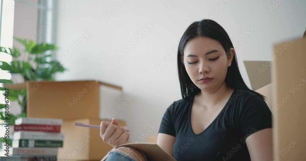 Handheld shot, Asian young woman sits and eating potato chips while checking list boxes and write on notebook after move into new home Handheld shot, Asian young woman sits and eating potato chips while checking list boxes and write on notebook after move into new home