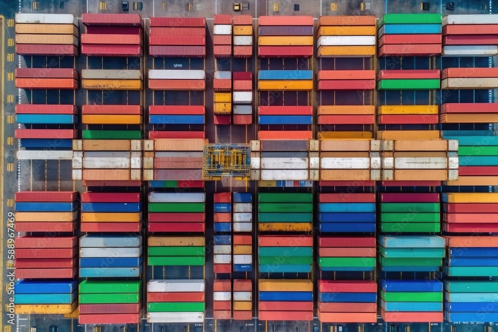 aerial shot of a container ship transporting business containers for an import-export enterprise. Generative AI aerial shot of a container ship transporting business containers for an import-export enterprise. Generative AI