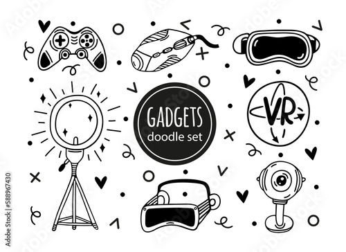 VR gadgets vector set. Glasses of virtual and augmented reality, joystick, ring lamp, webcam, pc mouse. Devices for gaming, streaming, blogging. Modern technology. Clipart for logo, apps, prints