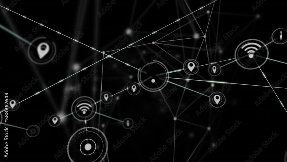 Animation of network of connections and digital icons against black background Animation of network of connections and digital icons against black background