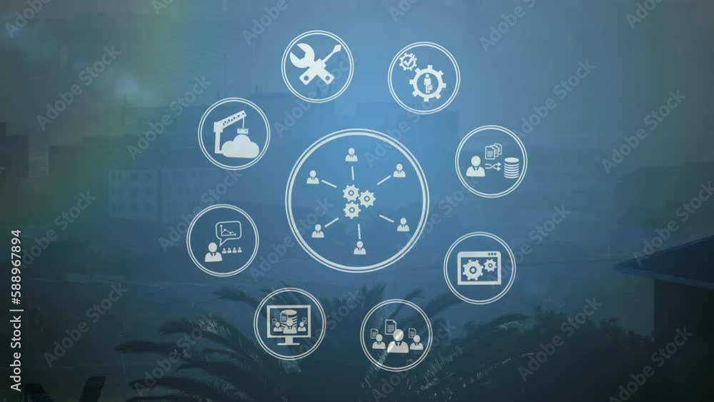 Animation of icons with connections and data processing over cityscape Animation of icons with connections and data processing over cityscape