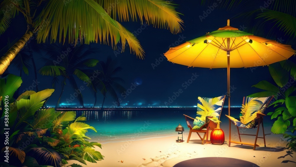 Tropical beach in the night with ocean on background. Generative AI