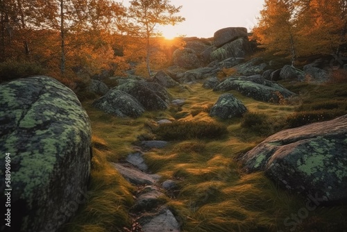 A beautiful autumn woodland mountain path at sunset. Generative AI