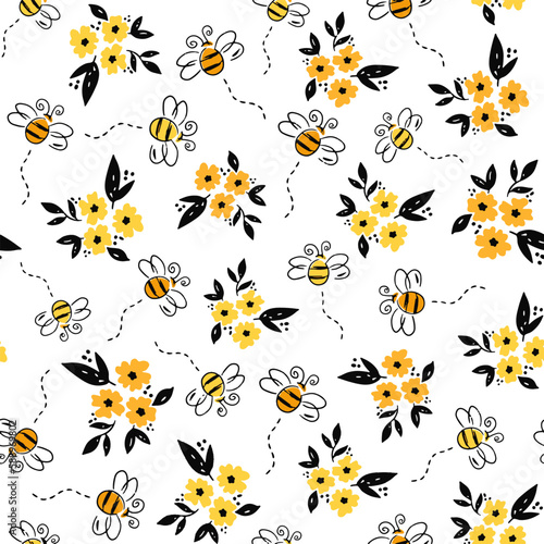 Vector bee pattern. Bees, hives, honey. Sweet pattern with bees. © Olha