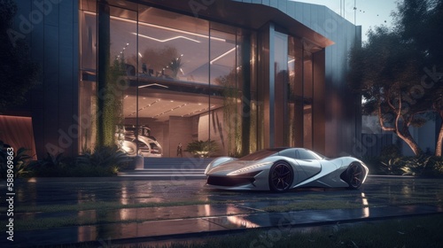 Grandiose Luxury House with Stunning Bright-Light Supercars in the Outdoor Driveway, Generative AI
