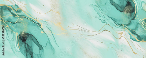 abstract blue background with drops, pastel cyan mint liquid marble watercolor background with gold lines and brush stains