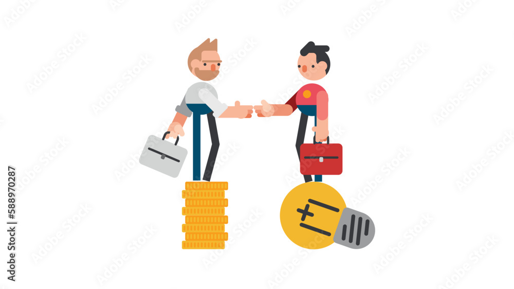 Obraz premium Entrepreneur standing on light bulb idea lamp shaking hands with Man on money coins stack.