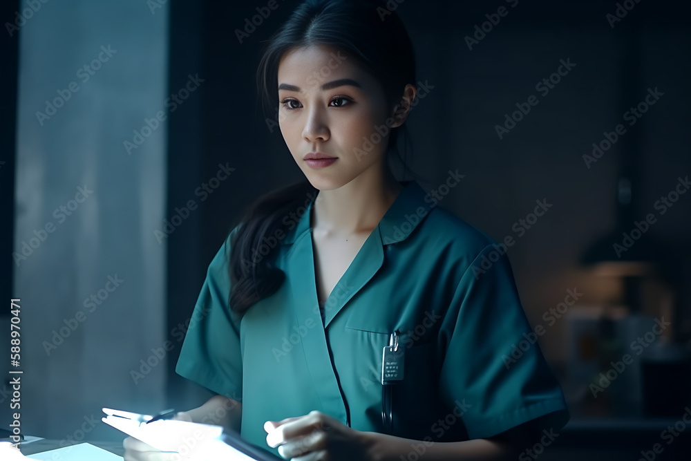 Asian female physician doctor wearing green scrubs reading examination ...