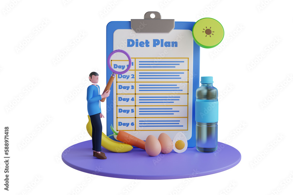 3D Illustration of Diet Plan. Nutrition for Weight Loss, Calorie Control, Individual Dietary. man is looking at a diet plan on a clipboard with a magnifying glass.
3D Illustration of Diet Plan. Nutrition for Weight Loss, Calorie Control, Individual Dietary. man is looking at a diet plan on a clipboard with a magnifying glass.