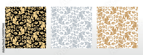 Wallpapers in the style of Baroque. Seamless vector backgrounds. Set of colored floral ornaments. Graphic patterns for fabric, wallpaper, packaging. Ornate Damask flower ornaments