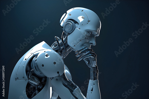 Thinking robot isolated on blu background. Generative AI