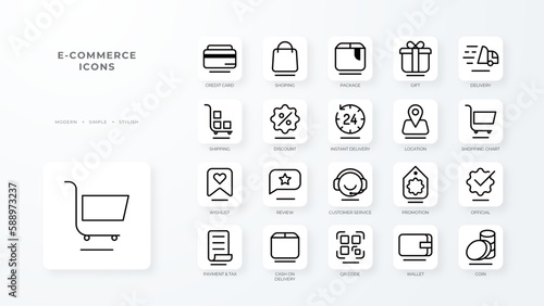 E-Commerce icons collection with black outline style. shopping, commerce, coupon, outline, sale, store, delivery. Vector Illustration