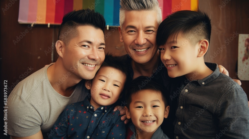 An image of a loving LGBT family, with two gay parents and their adopted children, smiling and embracing each other, against a warm and welcoming background. Generative AI