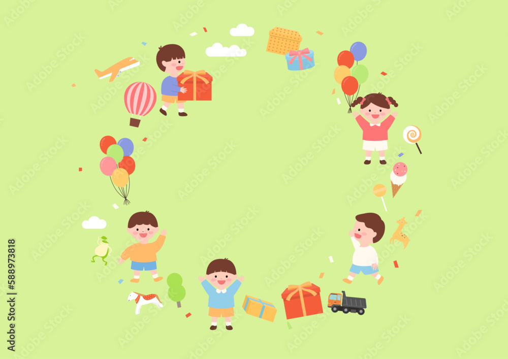 Frame with kids, boxes, and balloons. Frame with kids, boxes, and balloons.