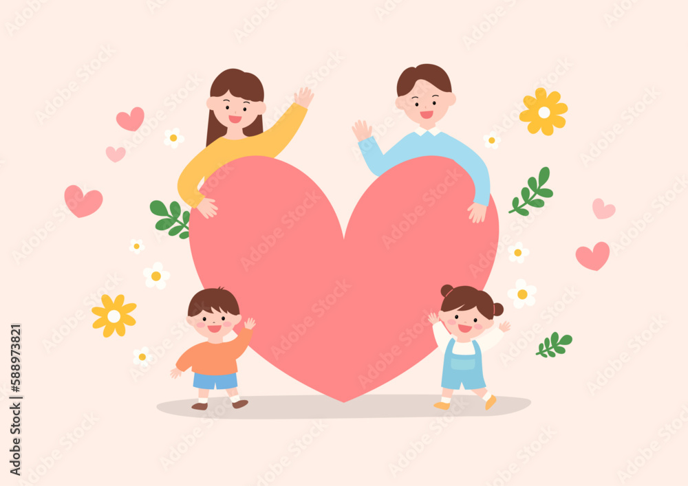 Illustration of a family with a pink heart.