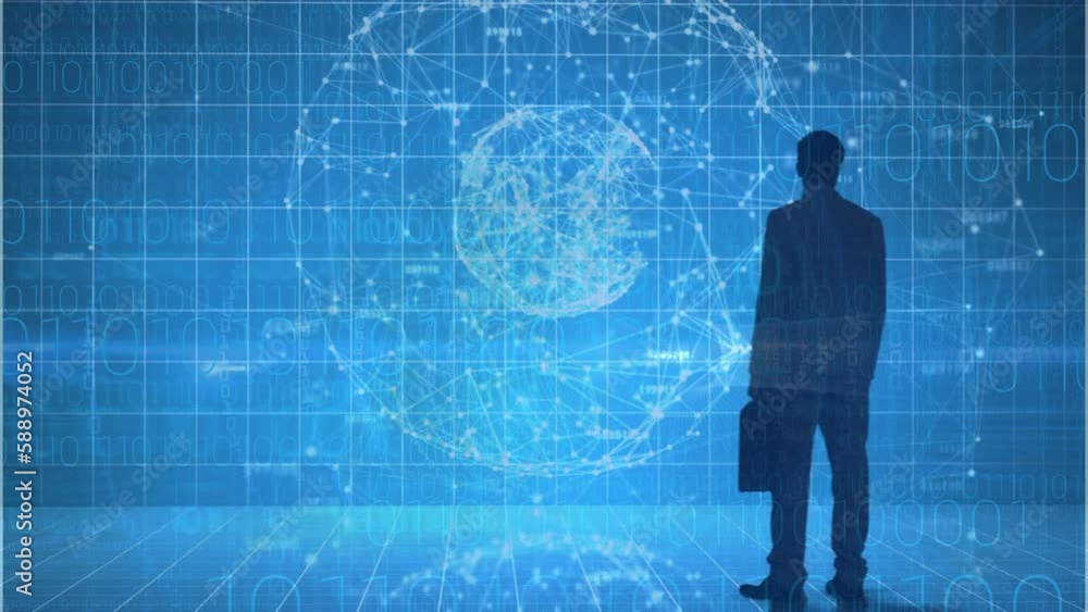 Animation of rear view of a businessman against globe of network of connections and binary coding Animation of rear view of a businessman against globe of network of connections and binary coding